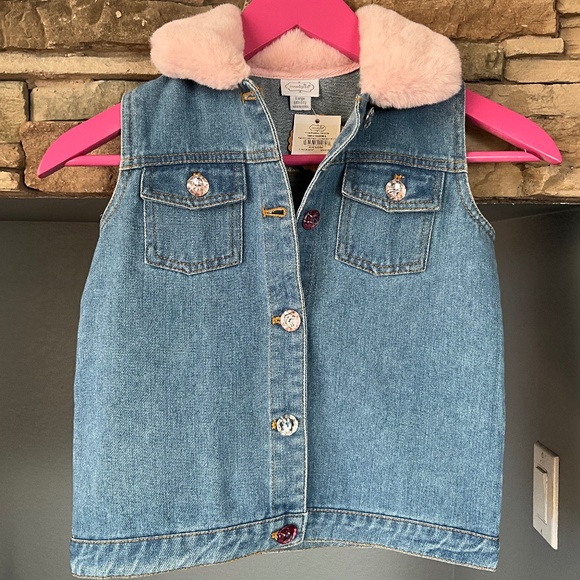 Mud Pie Faux Fur Collar Sparkle Denim Vest Rhinestone Party Glam Blue Pink 4T-5T - Picture 1 of 8